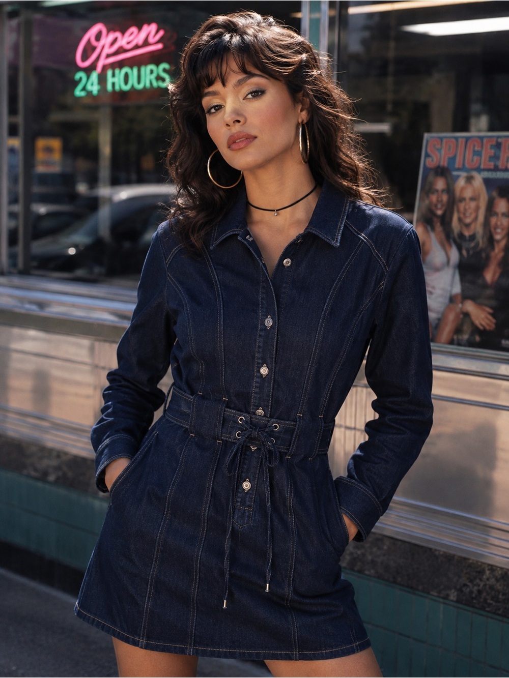 White House Black Market Dark Indigo Denim Shirtdress with Lace-Up Belt